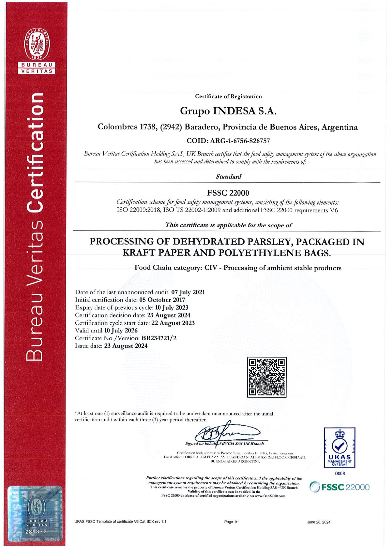 Certificado Bureau Veritas Indesa