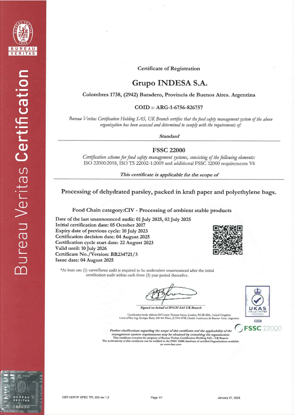 Certificado Bureau Veritas Indesa
