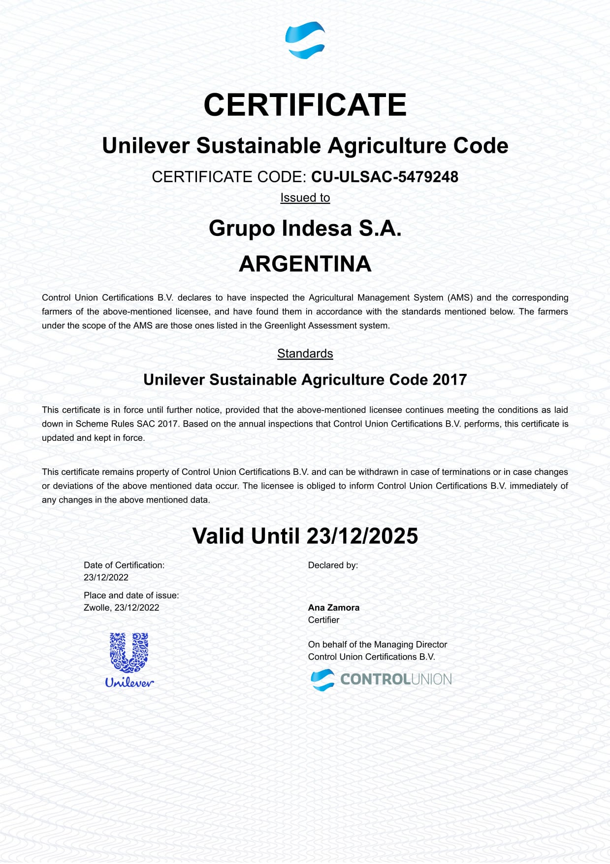 Certification Unilever Indesa